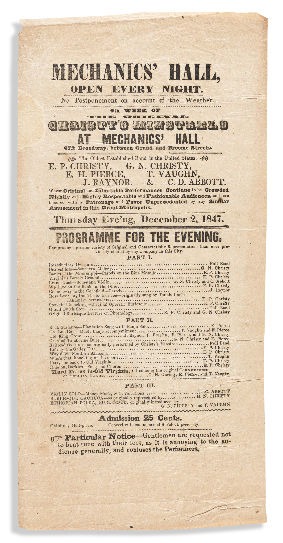 (THEATER.) Programme for an early performance by the original Christys Minstrels.